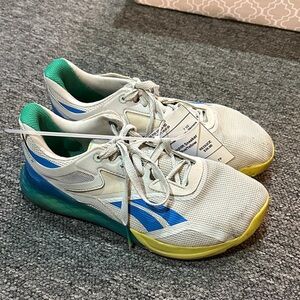 Reebok Weightlifting CrossFit White Sneakers with Blue and Yellow Accents